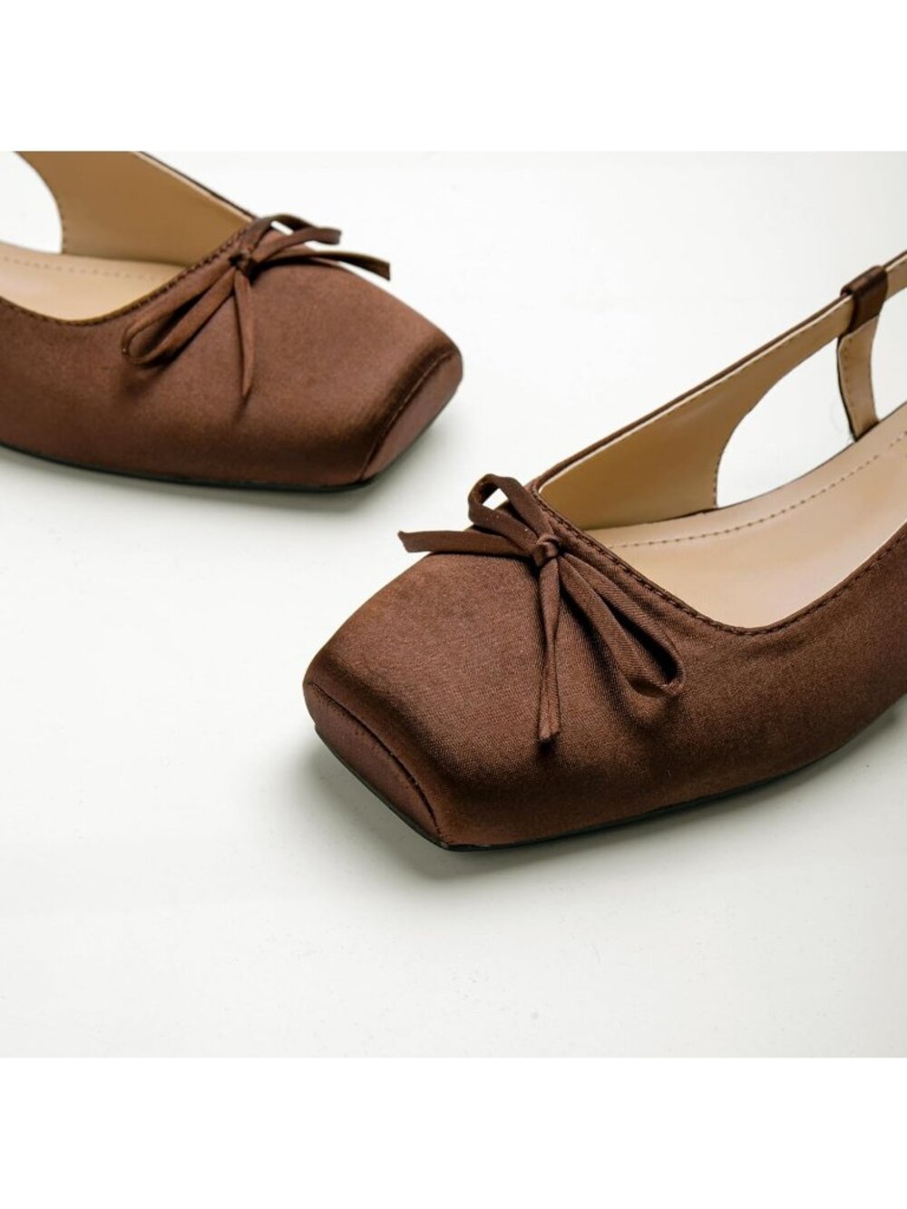 Women's Coffee Slingback Square Toe Bow Knit Ankle Buckle Satin Ballet Flats - Picture 3 of 7